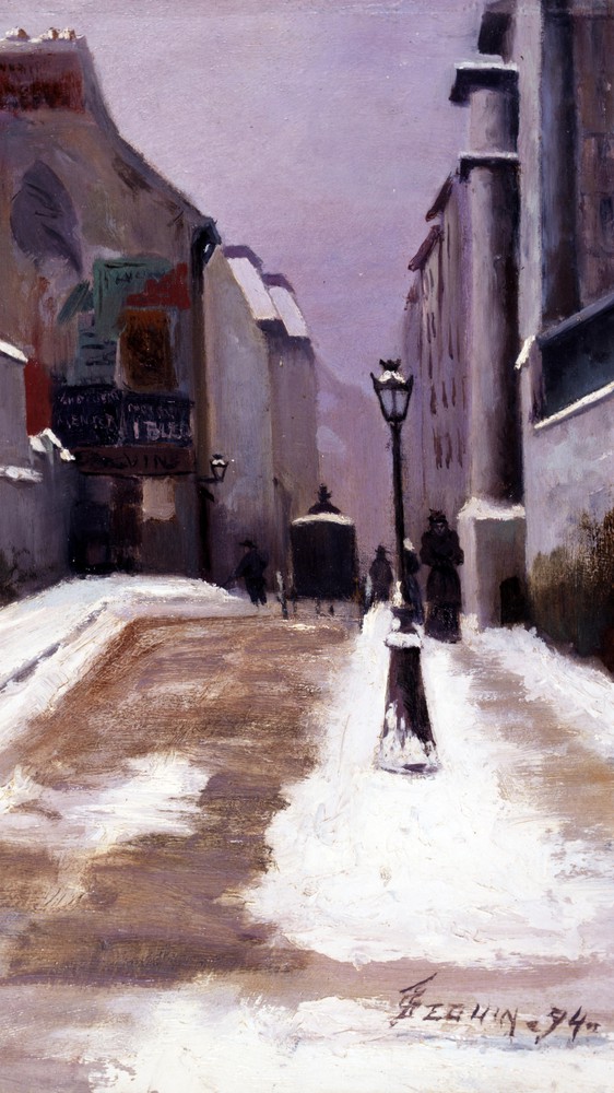 Une rue à Paris ; effet de neige.