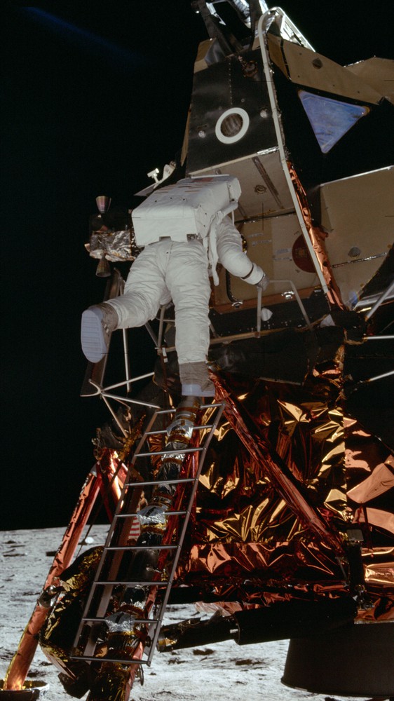 Aldrin Descends Lunar Module Ladder