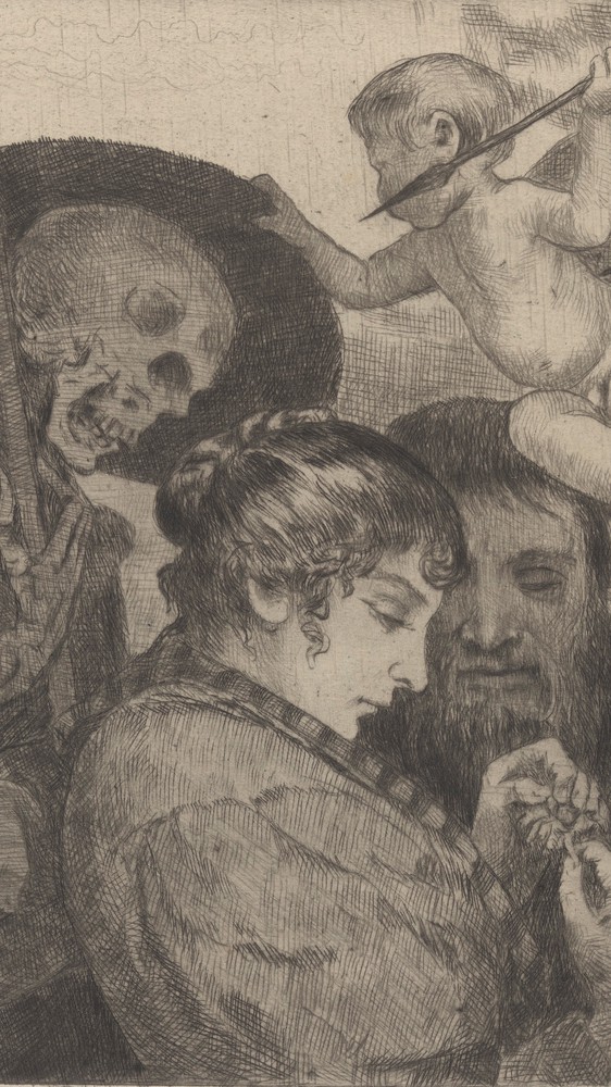 Death As the Reaper Eyes a Man and a Woman Protected by Cupid