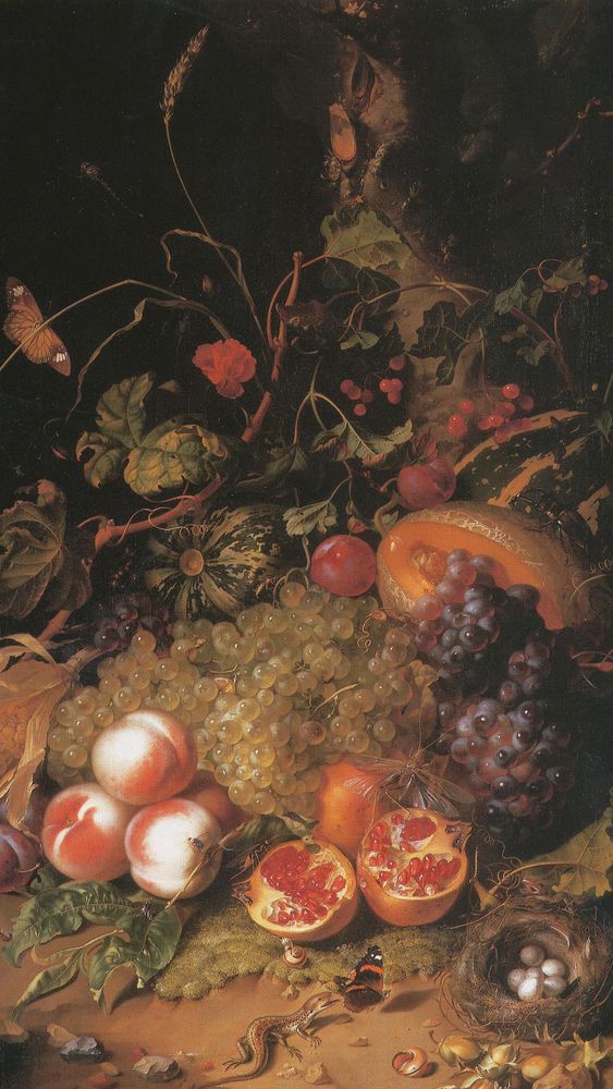 Still Life with Fruit, a Nest, and a Lizard