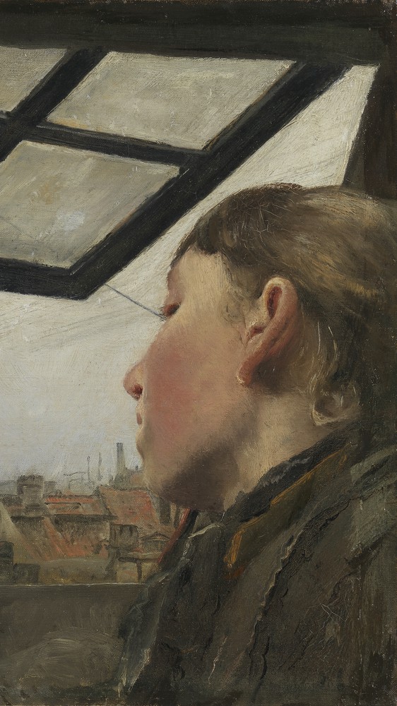 Young Girl Looking Out of a Roof Window